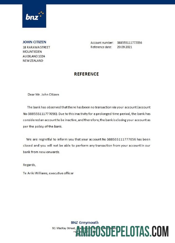 Referência de fechamento do BNZ da Nova Zelândia amostra